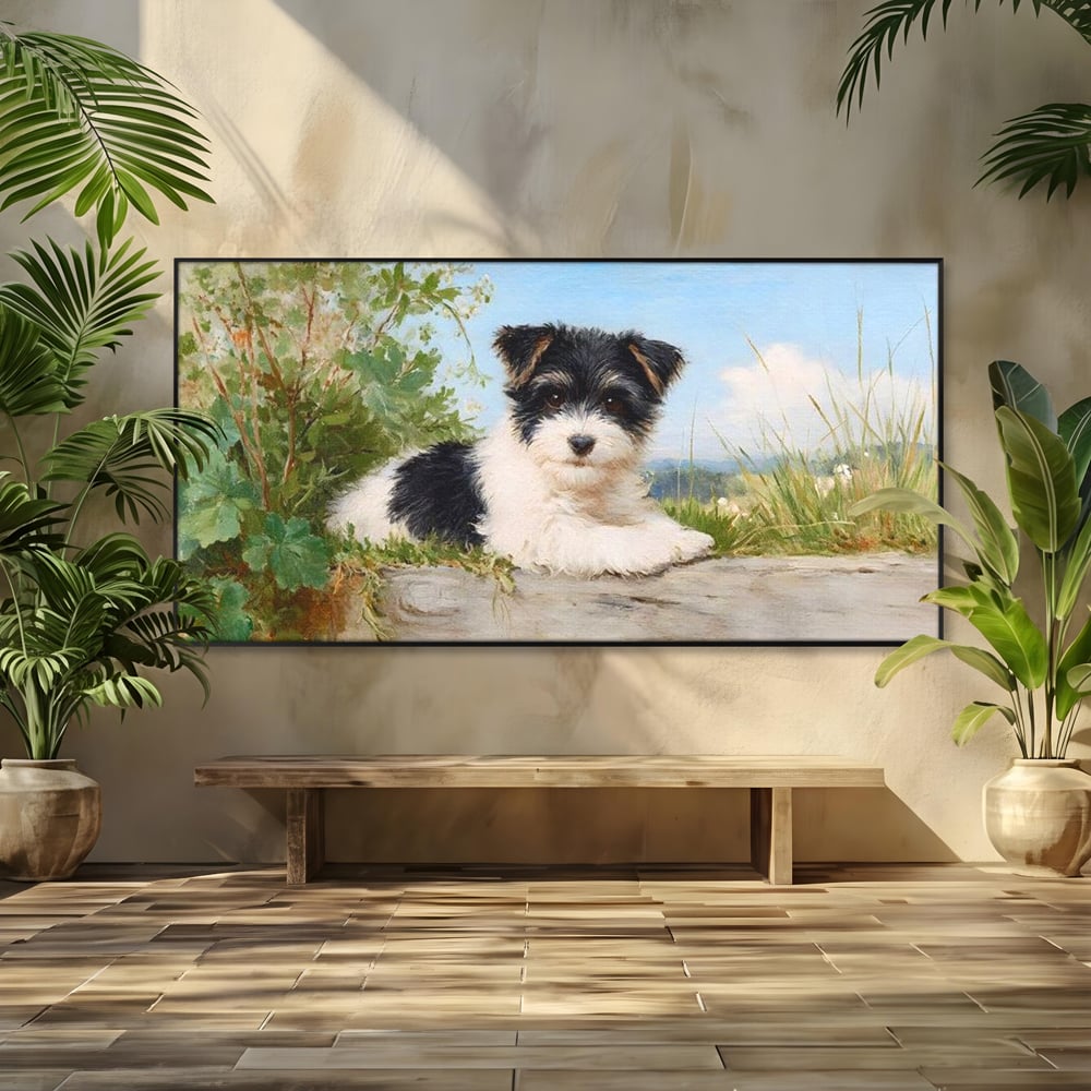 Tablou Canvas Premium, LuxCanva® M1298, Vreme de Joaca, Catel, Pui, Blanita, Iarba, Inocent, Rustic, Copilarie, Privire, Portret, Pictura, Birou, Living, Camera Copil