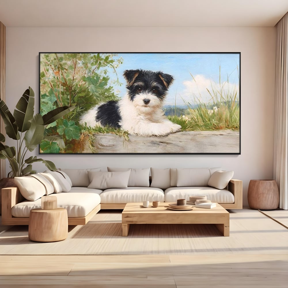 Tablou Canvas Premium, LuxCanva® M1298, Vreme de Joaca, Catel, Pui, Blanita, Iarba, Inocent, Rustic, Copilarie, Privire, Portret, Pictura, Birou, Living, Camera Copil