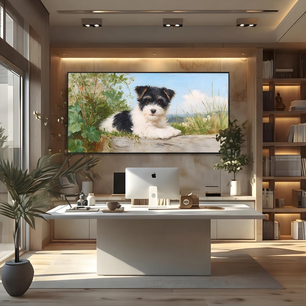 Tablou Canvas Premium, LuxCanva® M1298, Vreme de Joaca, Catel, Pui, Blanita, Iarba, Inocent, Rustic, Copilarie, Privire, Portret, Pictura, Birou, Living, Camera Copil