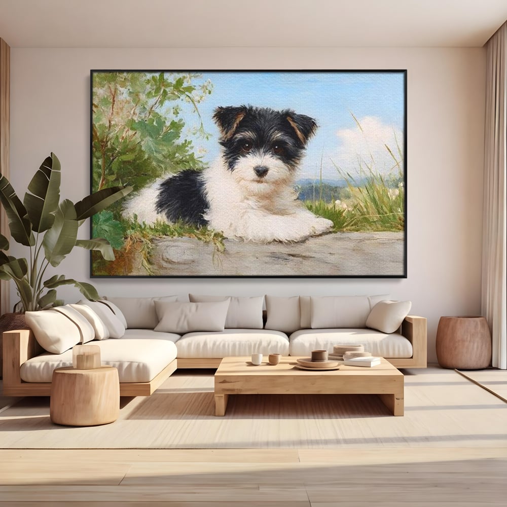 Tablou Canvas Premium, LuxCanva® M1298, Vreme de Joaca, Catel, Pui, Blanita, Iarba, Inocent, Rustic, Copilarie, Privire, Portret, Pictura, Birou, Living, Camera Copil