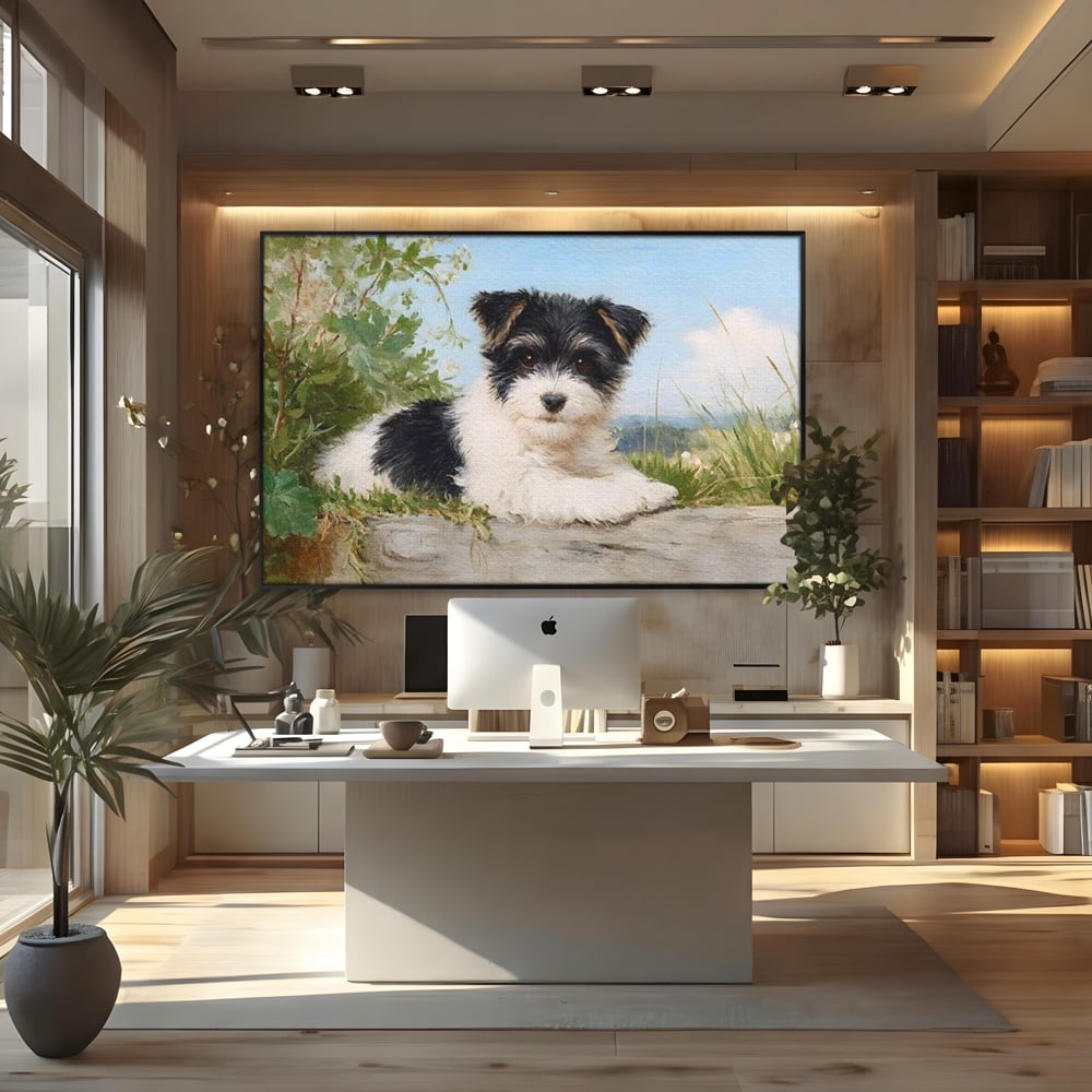 Tablou Canvas Premium, LuxCanva® M1298, Vreme de Joaca, Catel, Pui, Blanita, Iarba, Inocent, Rustic, Copilarie, Privire, Portret, Pictura, Birou, Living, Camera Copil