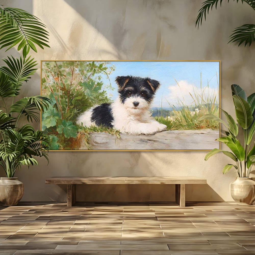 Tablou Canvas Premium, LuxCanva® M1298, Vreme de Joaca, Catel, Pui, Blanita, Iarba, Inocent, Rustic, Copilarie, Privire, Portret, Pictura, Birou, Living, Camera Copil