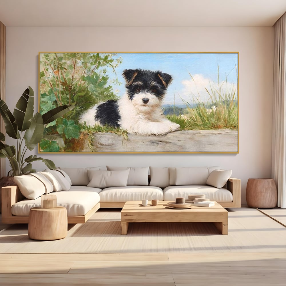 Tablou Canvas Premium, LuxCanva® M1298, Vreme de Joaca, Catel, Pui, Blanita, Iarba, Inocent, Rustic, Copilarie, Privire, Portret, Pictura, Birou, Living, Camera Copil