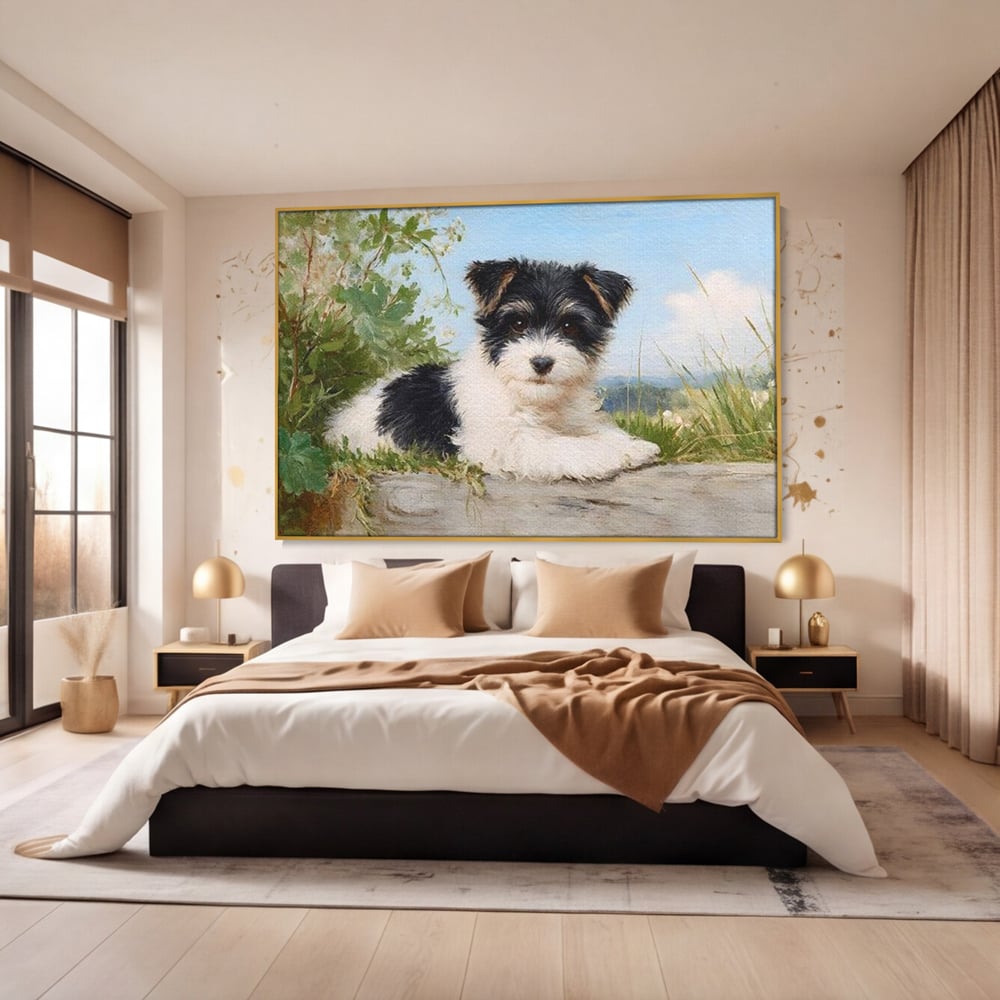 Tablou Canvas Premium, LuxCanva® M1298, Vreme de Joaca, Catel, Pui, Blanita, Iarba, Inocent, Rustic, Copilarie, Privire, Portret, Pictura, Birou, Living, Camera Copil