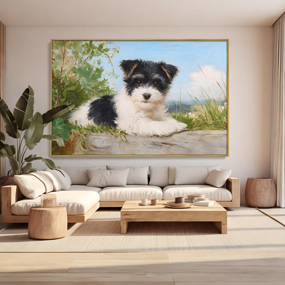 Tablou Canvas Premium, LuxCanva® M1298, Vreme de Joaca, Catel, Pui, Blanita, Iarba, Inocent, Rustic, Copilarie, Privire, Portret, Pictura, Birou, Living, Camera Copil