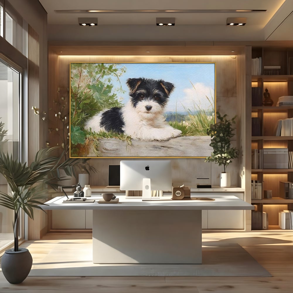 Tablou Canvas Premium, LuxCanva® M1298, Vreme de Joaca, Catel, Pui, Blanita, Iarba, Inocent, Rustic, Copilarie, Privire, Portret, Pictura, Birou, Living, Camera Copil