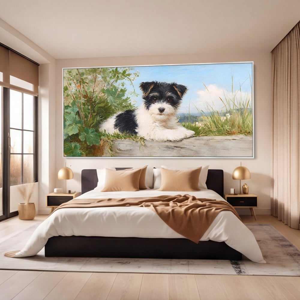 Tablou Canvas Premium, LuxCanva® M1298, Vreme de Joaca, Catel, Pui, Blanita, Iarba, Inocent, Rustic, Copilarie, Privire, Portret, Pictura, Birou, Living, Camera Copil