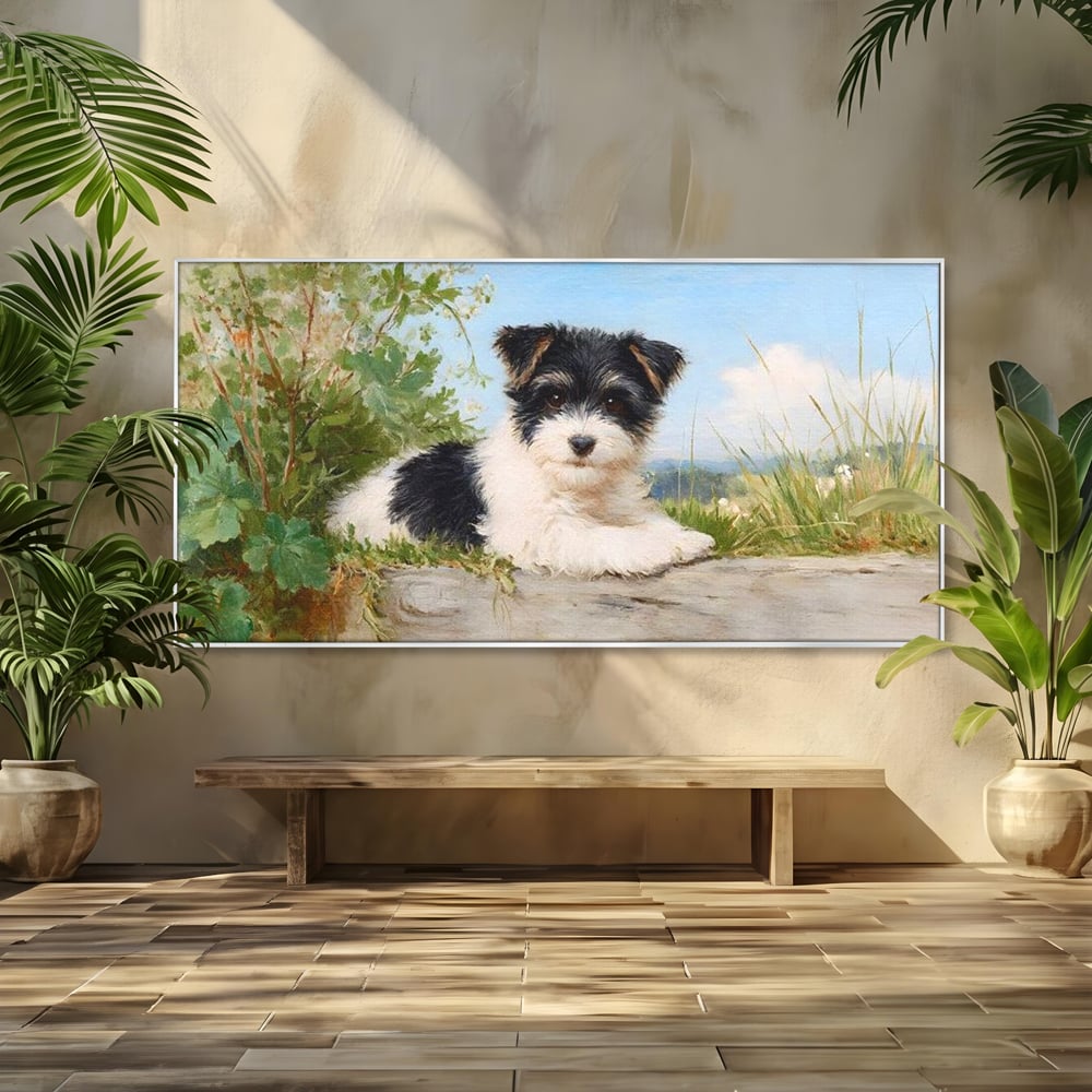 Tablou Canvas Premium, LuxCanva® M1298, Vreme de Joaca, Catel, Pui, Blanita, Iarba, Inocent, Rustic, Copilarie, Privire, Portret, Pictura, Birou, Living, Camera Copil