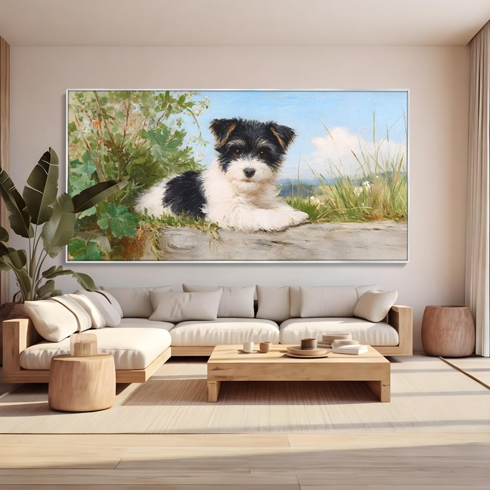 Tablou Canvas Premium, LuxCanva® M1298, Vreme de Joaca, Catel, Pui, Blanita, Iarba, Inocent, Rustic, Copilarie, Privire, Portret, Pictura, Birou, Living, Camera Copil