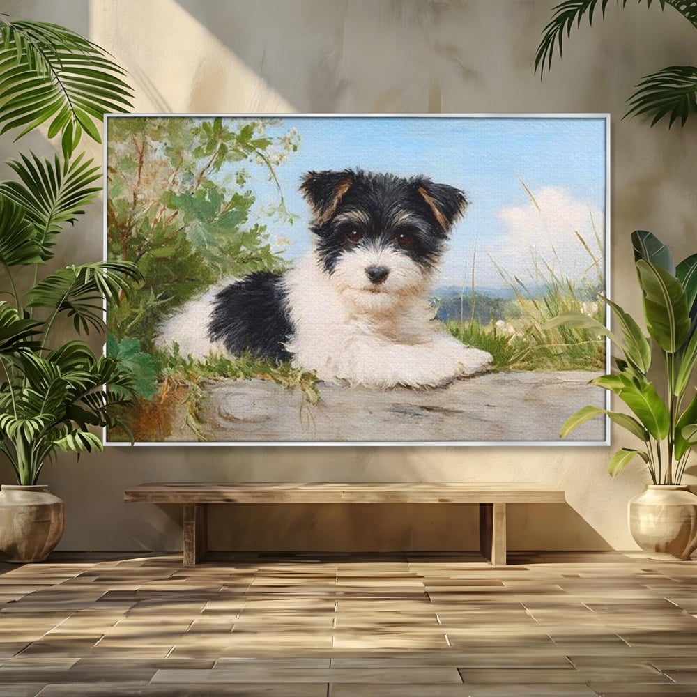 Tablou Canvas Premium, LuxCanva® M1298, Vreme de Joaca, Catel, Pui, Blanita, Iarba, Inocent, Rustic, Copilarie, Privire, Portret, Pictura, Birou, Living, Camera Copil