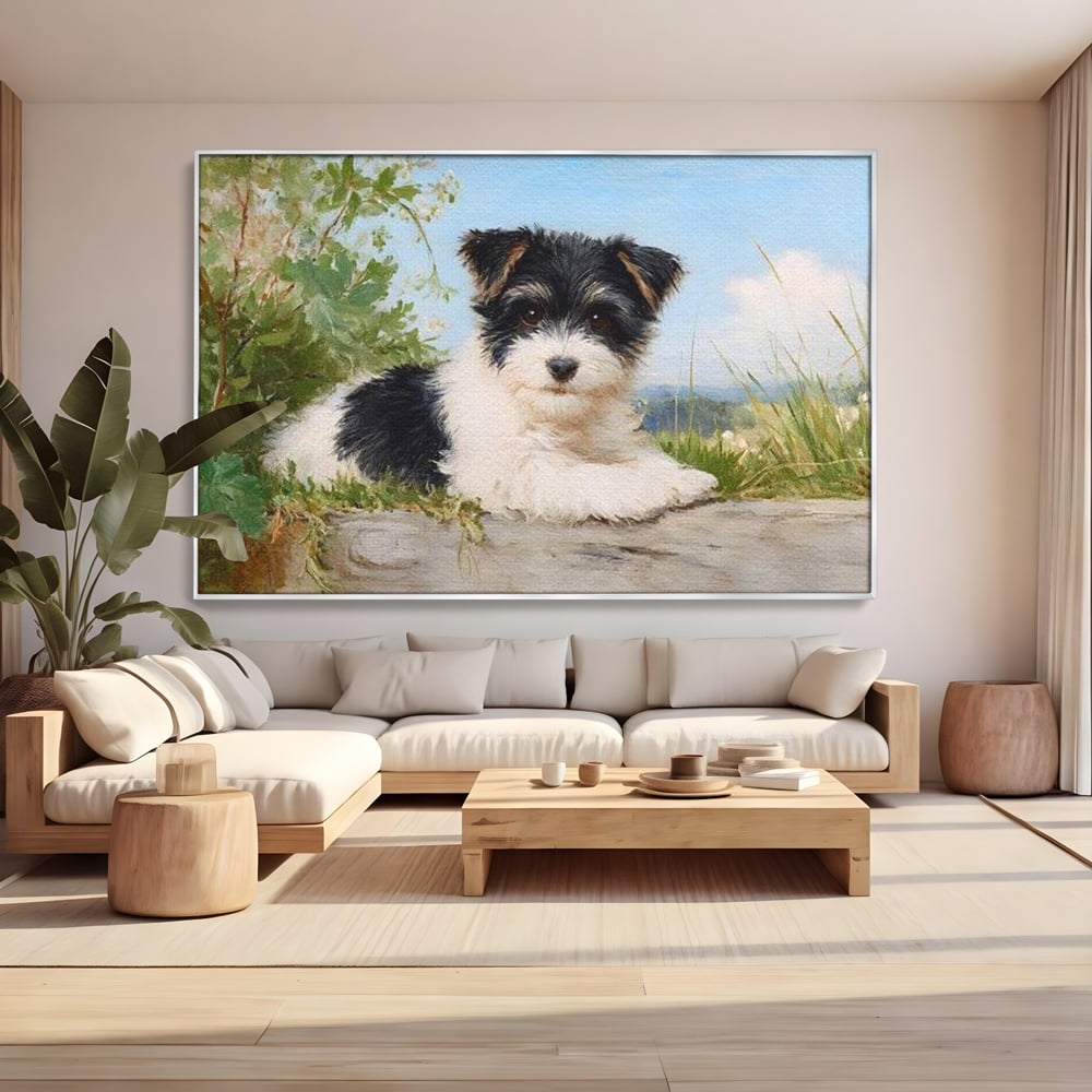 Tablou Canvas Premium, LuxCanva® M1298, Vreme de Joaca, Catel, Pui, Blanita, Iarba, Inocent, Rustic, Copilarie, Privire, Portret, Pictura, Birou, Living, Camera Copil