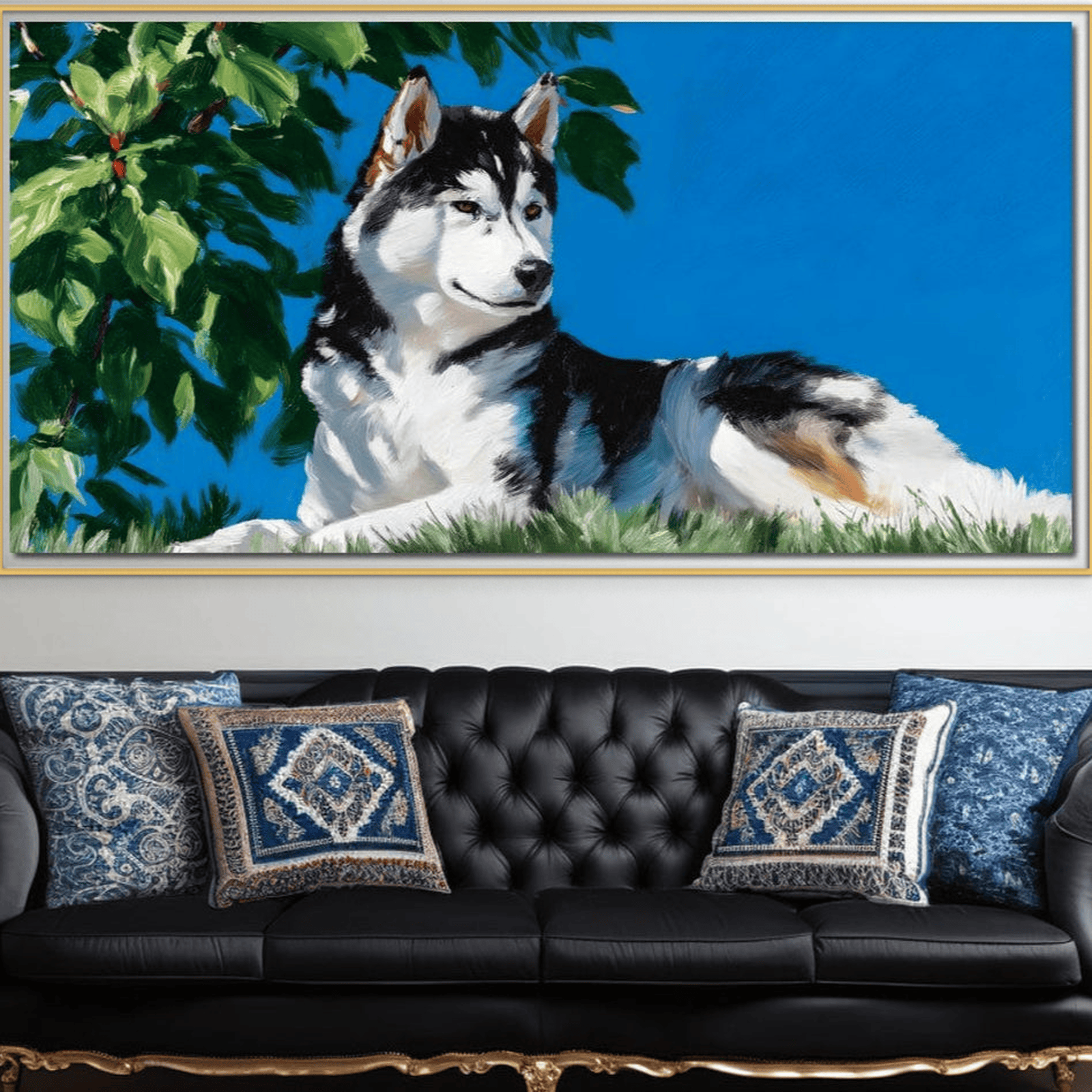 Fotoleinwand Canvas Premium, LuxCanva® M1299, Unter der Sonne, Husky, Himmel, Klar, Blätter, Baum, Patruped, Ruhend, Frei, Blanos, Wachsam, Büro, Wohnen, Wohnzimmer, Babyzimmer