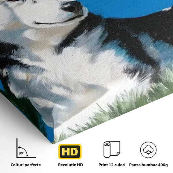 Fotoleinwand Canvas Premium, LuxCanva® M1299, Unter der Sonne, Husky, Himmel, Klar, Blätter, Baum, Patruped, Ruhend, Frei, Blanos, Wachsam, Büro, Wohnen, Wohnzimmer, Babyzimmer