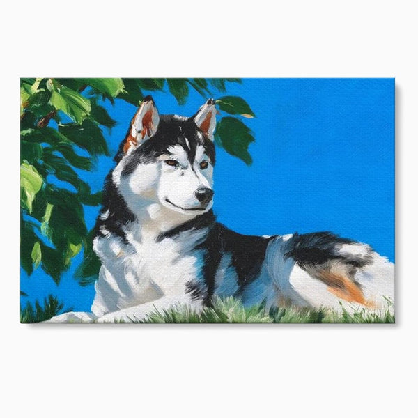 Fotoleinwand Canvas Premium, LuxCanva® M1299, Unter der Sonne, Husky, Himmel, Klar, Blätter, Baum, Patruped, Ruhend, Frei, Blanos, Wachsam, Büro, Wohnen, Wohnzimmer, Babyzimmer