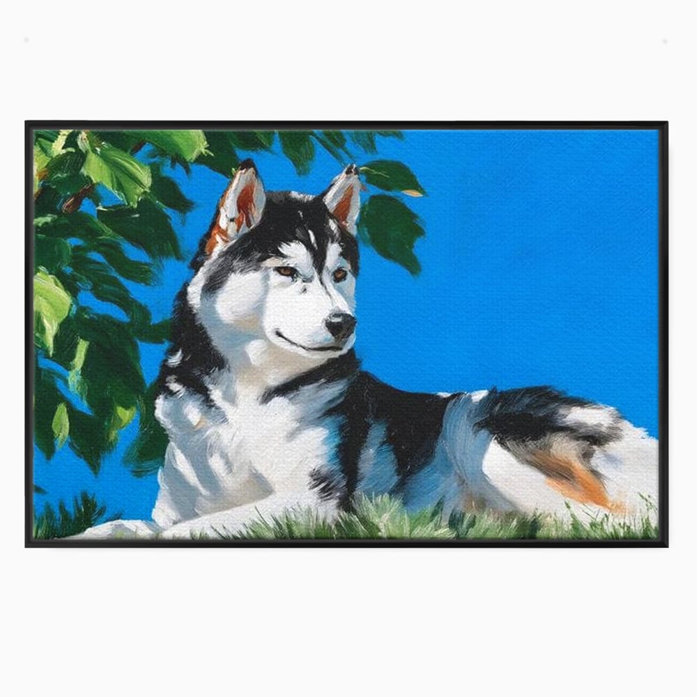Fotoleinwand Canvas Premium, LuxCanva® M1299, Unter der Sonne, Husky, Himmel, Klar, Blätter, Baum, Patruped, Ruhend, Frei, Blanos, Wachsam, Büro, Wohnen, Wohnzimmer, Babyzimmer