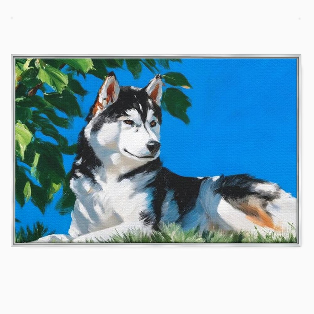 Fotoleinwand Canvas Premium, LuxCanva® M1299, Unter der Sonne, Husky, Himmel, Klar, Blätter, Baum, Patruped, Ruhend, Frei, Blanos, Wachsam, Büro, Wohnen, Wohnzimmer, Babyzimmer