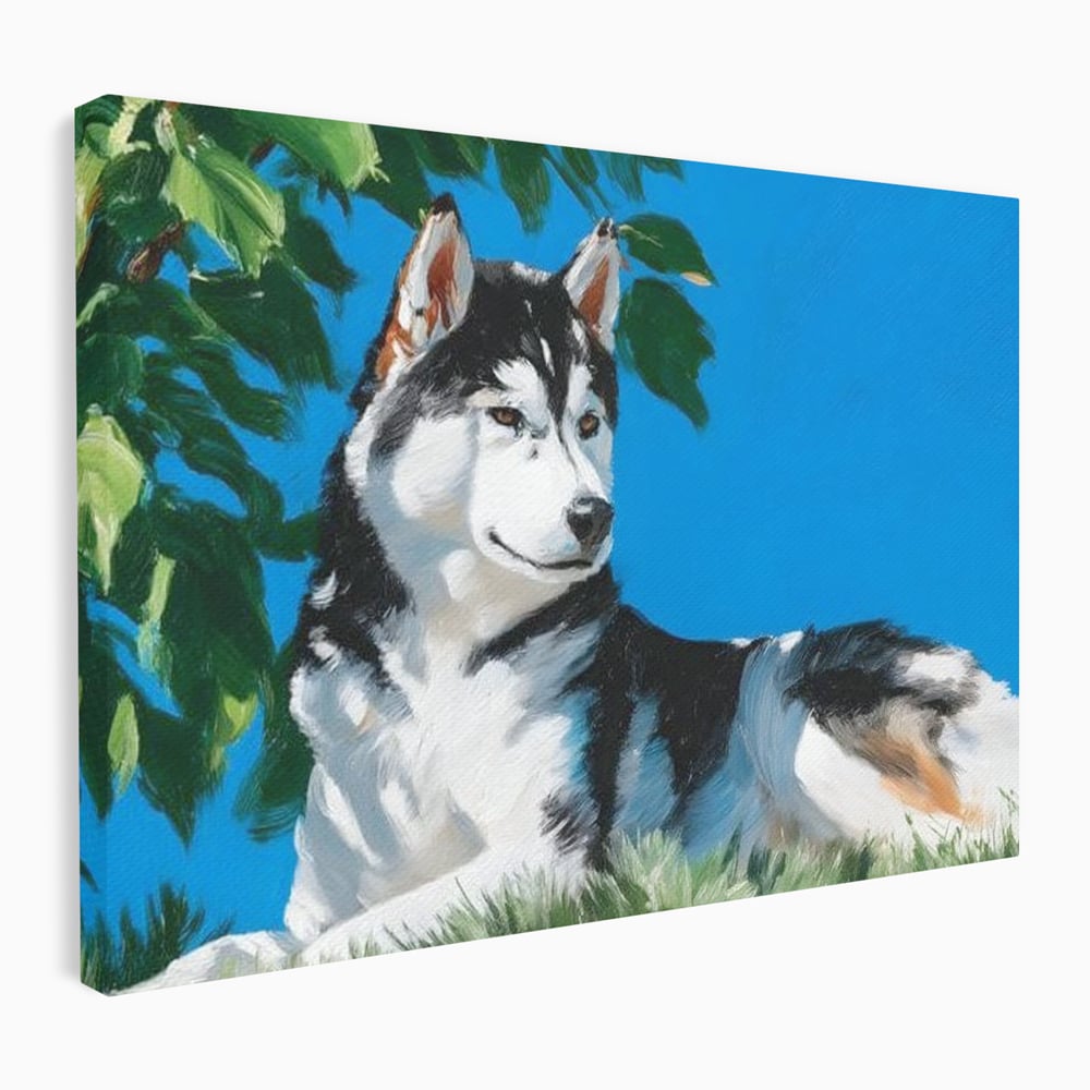 Fotoleinwand Canvas Premium, LuxCanva® M1299, Unter der Sonne, Husky, Himmel, Klar, Blätter, Baum, Patruped, Ruhend, Frei, Blanos, Wachsam, Büro, Wohnen, Wohnzimmer, Babyzimmer