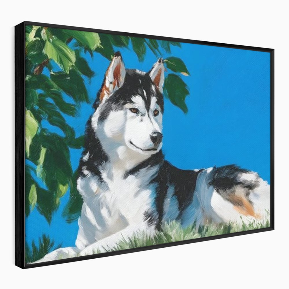 Fotoleinwand Canvas Premium, LuxCanva® M1299, Unter der Sonne, Husky, Himmel, Klar, Blätter, Baum, Patruped, Ruhend, Frei, Blanos, Wachsam, Büro, Wohnen, Wohnzimmer, Babyzimmer