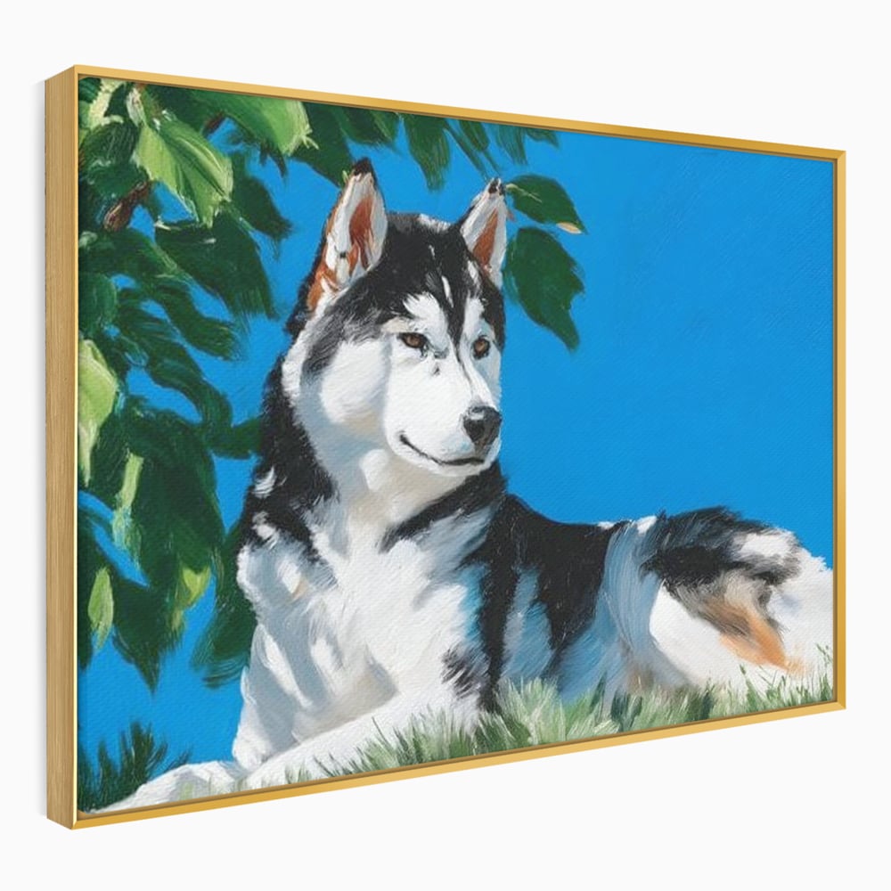 Fotoleinwand Canvas Premium, LuxCanva® M1299, Unter der Sonne, Husky, Himmel, Klar, Blätter, Baum, Patruped, Ruhend, Frei, Blanos, Wachsam, Büro, Wohnen, Wohnzimmer, Babyzimmer