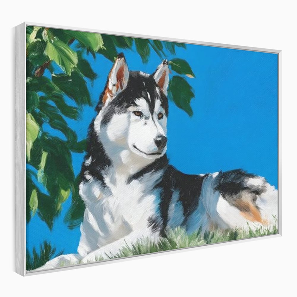 Fotoleinwand Canvas Premium, LuxCanva® M1299, Unter der Sonne, Husky, Himmel, Klar, Blätter, Baum, Patruped, Ruhend, Frei, Blanos, Wachsam, Büro, Wohnen, Wohnzimmer, Babyzimmer