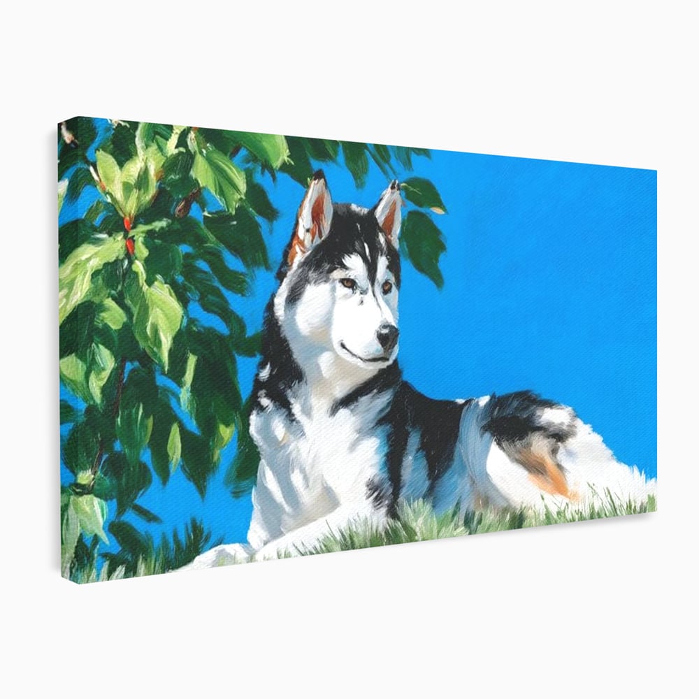 Fotoleinwand Canvas Premium, LuxCanva® M1299, Unter der Sonne, Husky, Himmel, Klar, Blätter, Baum, Patruped, Ruhend, Frei, Blanos, Wachsam, Büro, Wohnen, Wohnzimmer, Babyzimmer