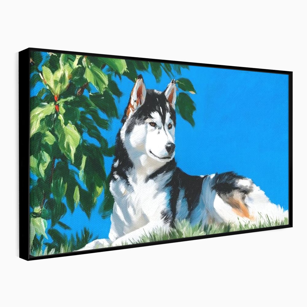 Fotoleinwand Canvas Premium, LuxCanva® M1299, Unter der Sonne, Husky, Himmel, Klar, Blätter, Baum, Patruped, Ruhend, Frei, Blanos, Wachsam, Büro, Wohnen, Wohnzimmer, Babyzimmer