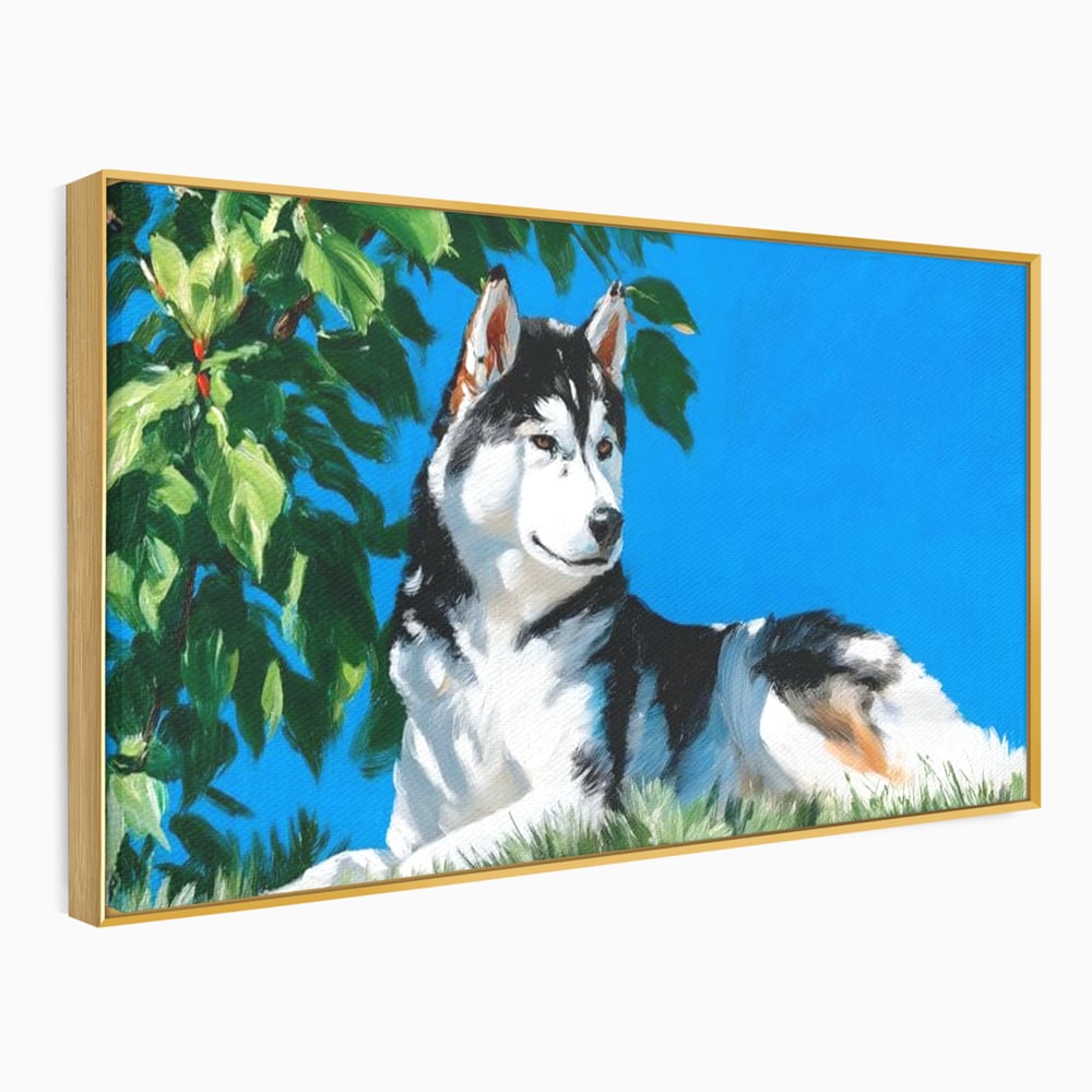 Fotoleinwand Canvas Premium, LuxCanva® M1299, Unter der Sonne, Husky, Himmel, Klar, Blätter, Baum, Patruped, Ruhend, Frei, Blanos, Wachsam, Büro, Wohnen, Wohnzimmer, Babyzimmer