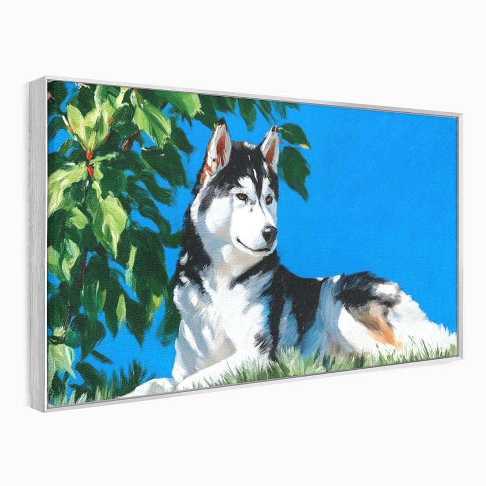 Fotoleinwand Canvas Premium, LuxCanva® M1299, Unter der Sonne, Husky, Himmel, Klar, Blätter, Baum, Patruped, Ruhend, Frei, Blanos, Wachsam, Büro, Wohnen, Wohnzimmer, Babyzimmer