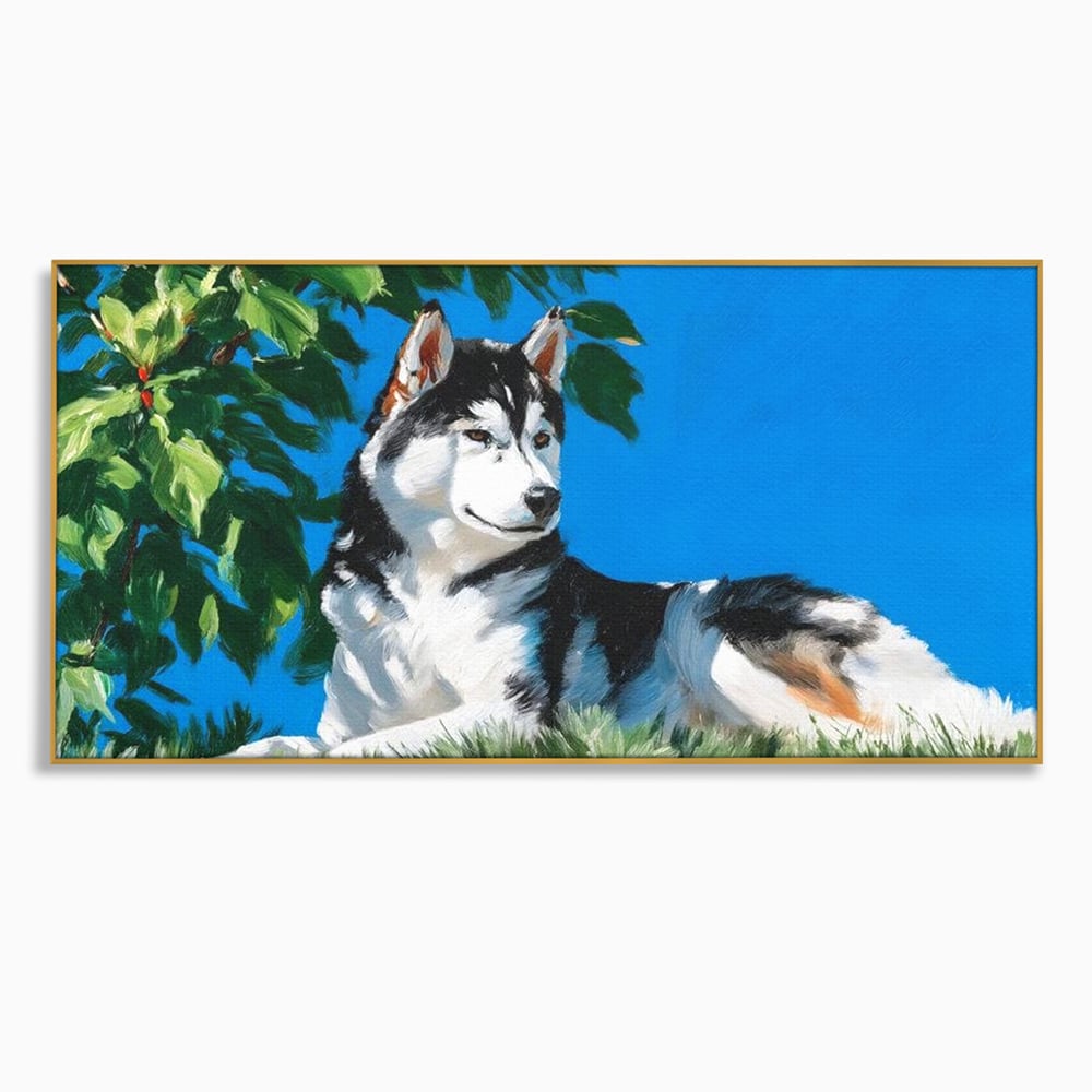 Fotoleinwand Canvas Premium, LuxCanva® M1299, Unter der Sonne, Husky, Himmel, Klar, Blätter, Baum, Patruped, Ruhend, Frei, Blanos, Wachsam, Büro, Wohnen, Wohnzimmer, Babyzimmer