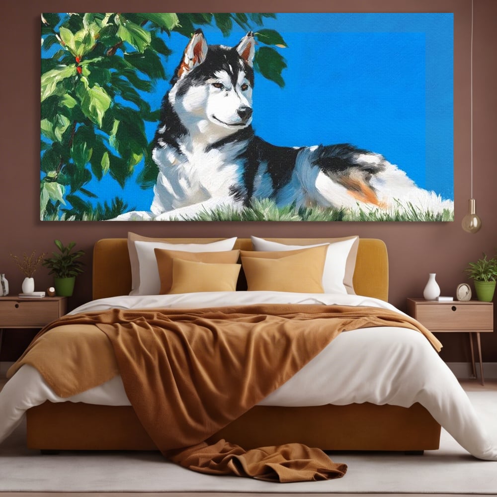 Fotoleinwand Canvas Premium, LuxCanva® M1299, Unter der Sonne, Husky, Himmel, Klar, Blätter, Baum, Patruped, Ruhend, Frei, Blanos, Wachsam, Büro, Wohnen, Wohnzimmer, Babyzimmer