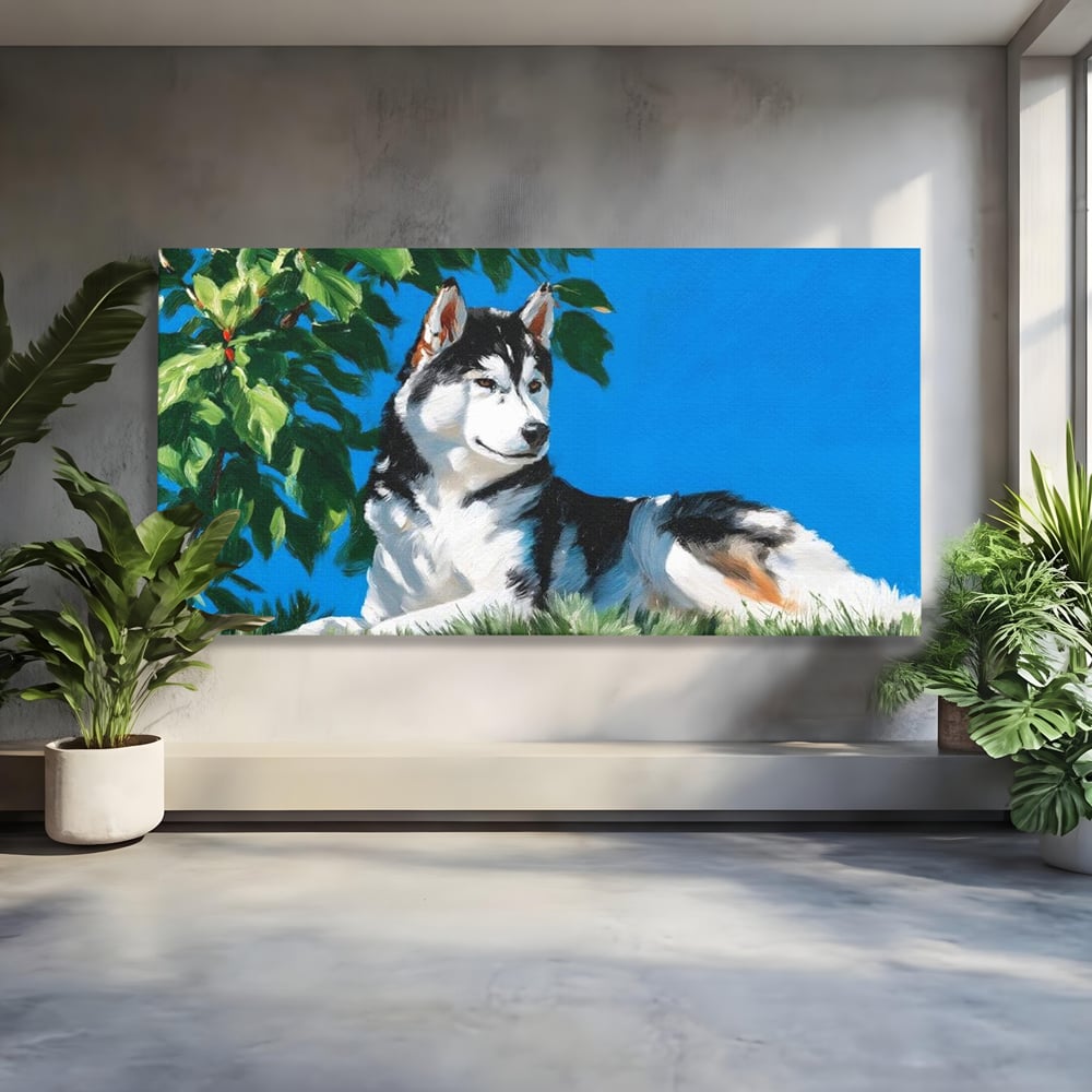 Fotoleinwand Canvas Premium, LuxCanva® M1299, Unter der Sonne, Husky, Himmel, Klar, Blätter, Baum, Patruped, Ruhend, Frei, Blanos, Wachsam, Büro, Wohnen, Wohnzimmer, Babyzimmer