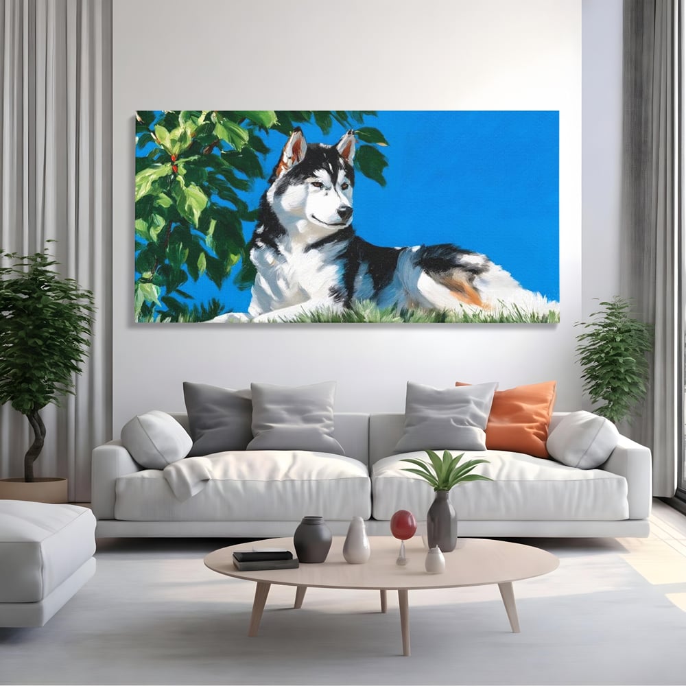 Fotoleinwand Canvas Premium, LuxCanva® M1299, Unter der Sonne, Husky, Himmel, Klar, Blätter, Baum, Patruped, Ruhend, Frei, Blanos, Wachsam, Büro, Wohnen, Wohnzimmer, Babyzimmer