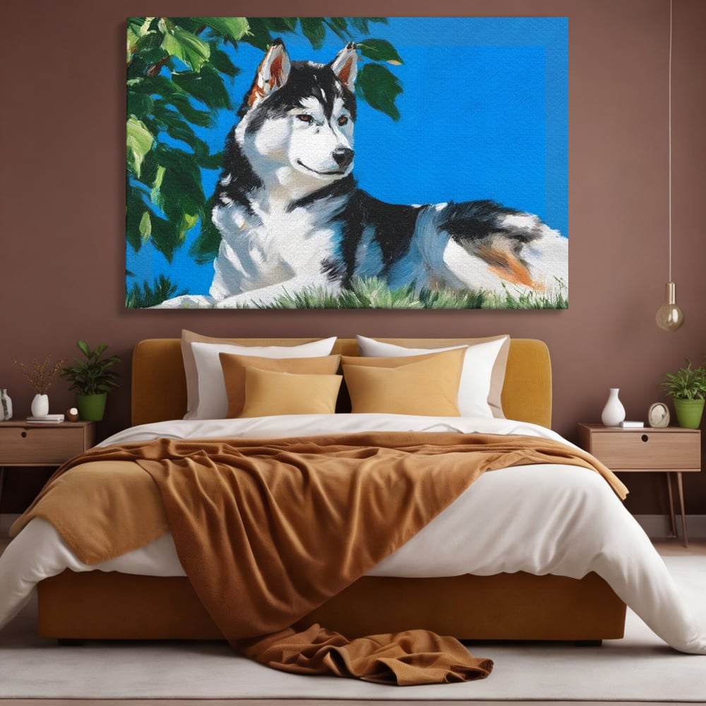 Fotoleinwand Canvas Premium, LuxCanva® M1299, Unter der Sonne, Husky, Himmel, Klar, Blätter, Baum, Patruped, Ruhend, Frei, Blanos, Wachsam, Büro, Wohnen, Wohnzimmer, Babyzimmer