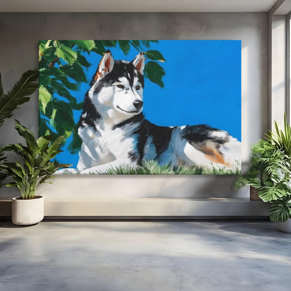 Fotoleinwand Canvas Premium, LuxCanva® M1299, Unter der Sonne, Husky, Himmel, Klar, Blätter, Baum, Patruped, Ruhend, Frei, Blanos, Wachsam, Büro, Wohnen, Wohnzimmer, Babyzimmer