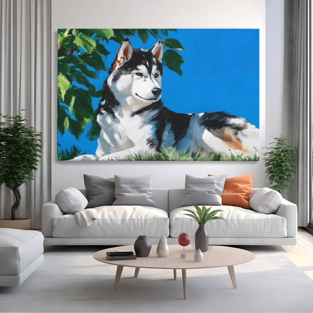 Fotoleinwand Canvas Premium, LuxCanva® M1299, Unter der Sonne, Husky, Himmel, Klar, Blätter, Baum, Patruped, Ruhend, Frei, Blanos, Wachsam, Büro, Wohnen, Wohnzimmer, Babyzimmer