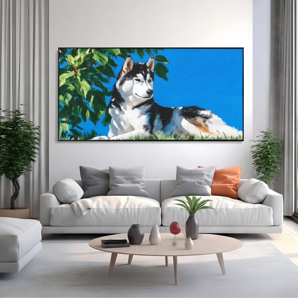 Fotoleinwand Canvas Premium, LuxCanva® M1299, Unter der Sonne, Husky, Himmel, Klar, Blätter, Baum, Patruped, Ruhend, Frei, Blanos, Wachsam, Büro, Wohnen, Wohnzimmer, Babyzimmer