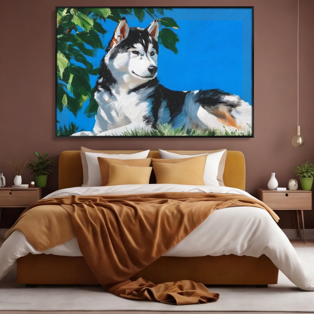 Fotoleinwand Canvas Premium, LuxCanva® M1299, Unter der Sonne, Husky, Himmel, Klar, Blätter, Baum, Patruped, Ruhend, Frei, Blanos, Wachsam, Büro, Wohnen, Wohnzimmer, Babyzimmer