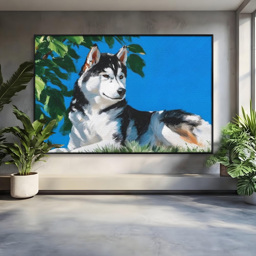 Fotoleinwand Canvas Premium, LuxCanva® M1299, Unter der Sonne, Husky, Himmel, Klar, Blätter, Baum, Patruped, Ruhend, Frei, Blanos, Wachsam, Büro, Wohnen, Wohnzimmer, Babyzimmer