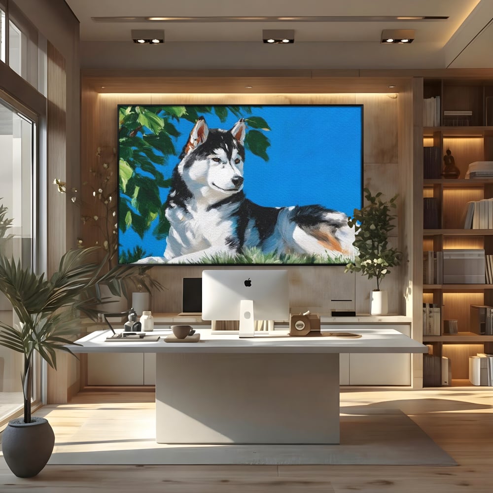 Fotoleinwand Canvas Premium, LuxCanva® M1299, Unter der Sonne, Husky, Himmel, Klar, Blätter, Baum, Patruped, Ruhend, Frei, Blanos, Wachsam, Büro, Wohnen, Wohnzimmer, Babyzimmer