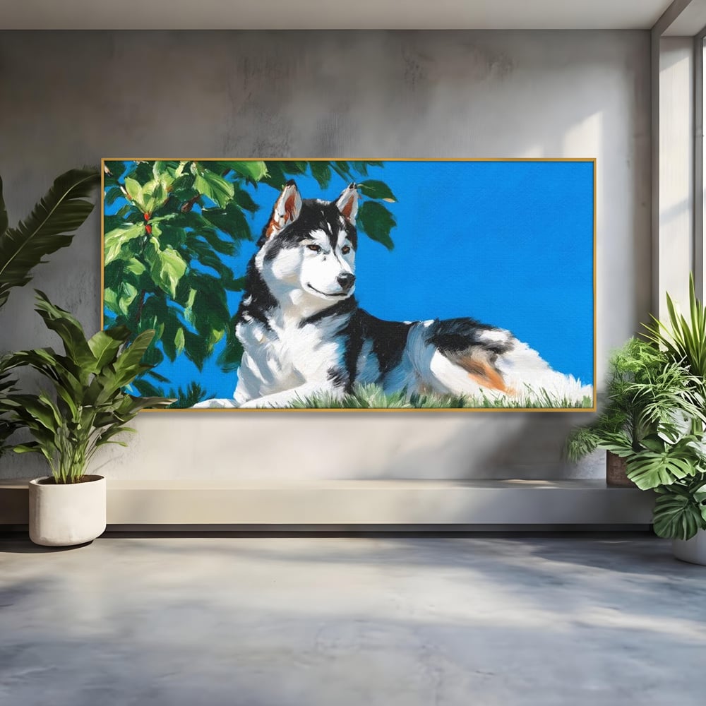 Fotoleinwand Canvas Premium, LuxCanva® M1299, Unter der Sonne, Husky, Himmel, Klar, Blätter, Baum, Patruped, Ruhend, Frei, Blanos, Wachsam, Büro, Wohnen, Wohnzimmer, Babyzimmer