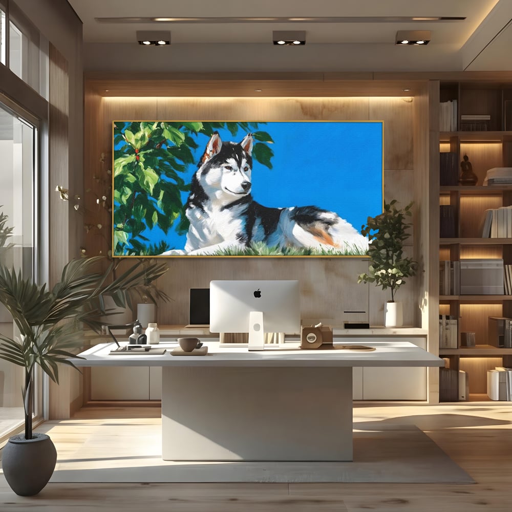 Fotoleinwand Canvas Premium, LuxCanva® M1299, Unter der Sonne, Husky, Himmel, Klar, Blätter, Baum, Patruped, Ruhend, Frei, Blanos, Wachsam, Büro, Wohnen, Wohnzimmer, Babyzimmer