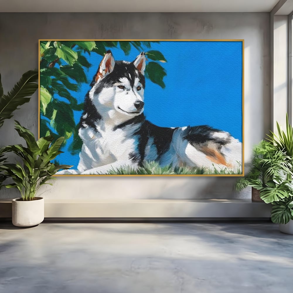 Fotoleinwand Canvas Premium, LuxCanva® M1299, Unter der Sonne, Husky, Himmel, Klar, Blätter, Baum, Patruped, Ruhend, Frei, Blanos, Wachsam, Büro, Wohnen, Wohnzimmer, Babyzimmer