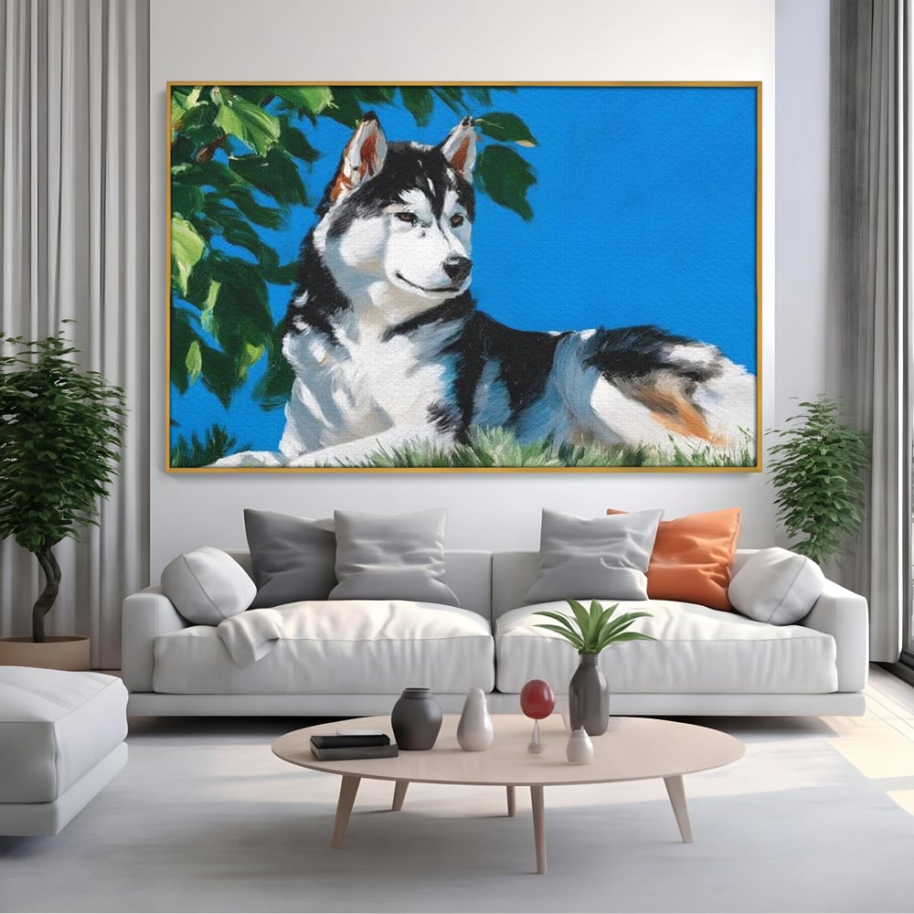 Fotoleinwand Canvas Premium, LuxCanva® M1299, Unter der Sonne, Husky, Himmel, Klar, Blätter, Baum, Patruped, Ruhend, Frei, Blanos, Wachsam, Büro, Wohnen, Wohnzimmer, Babyzimmer