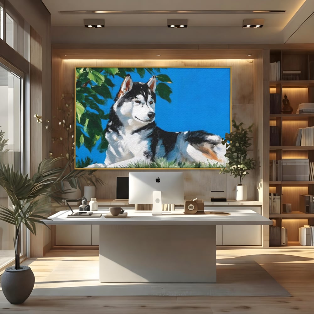 Fotoleinwand Canvas Premium, LuxCanva® M1299, Unter der Sonne, Husky, Himmel, Klar, Blätter, Baum, Patruped, Ruhend, Frei, Blanos, Wachsam, Büro, Wohnen, Wohnzimmer, Babyzimmer