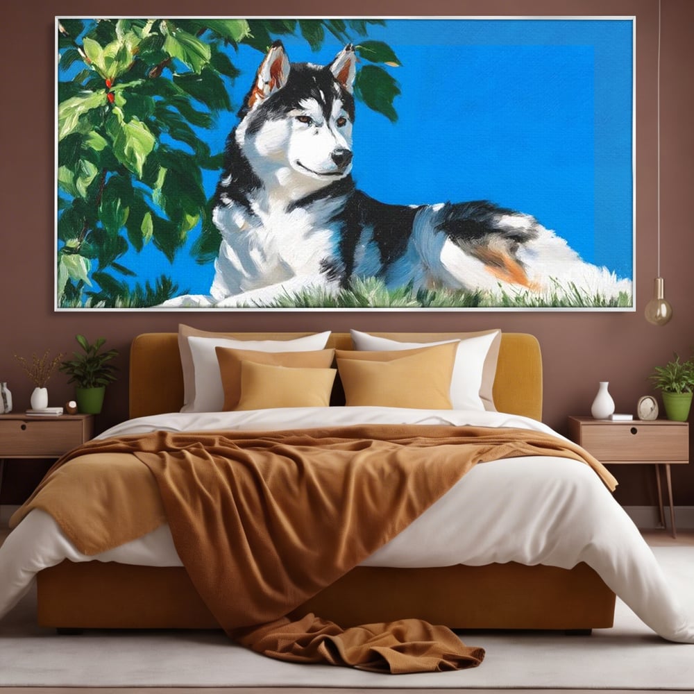Fotoleinwand Canvas Premium, LuxCanva® M1299, Unter der Sonne, Husky, Himmel, Klar, Blätter, Baum, Patruped, Ruhend, Frei, Blanos, Wachsam, Büro, Wohnen, Wohnzimmer, Babyzimmer