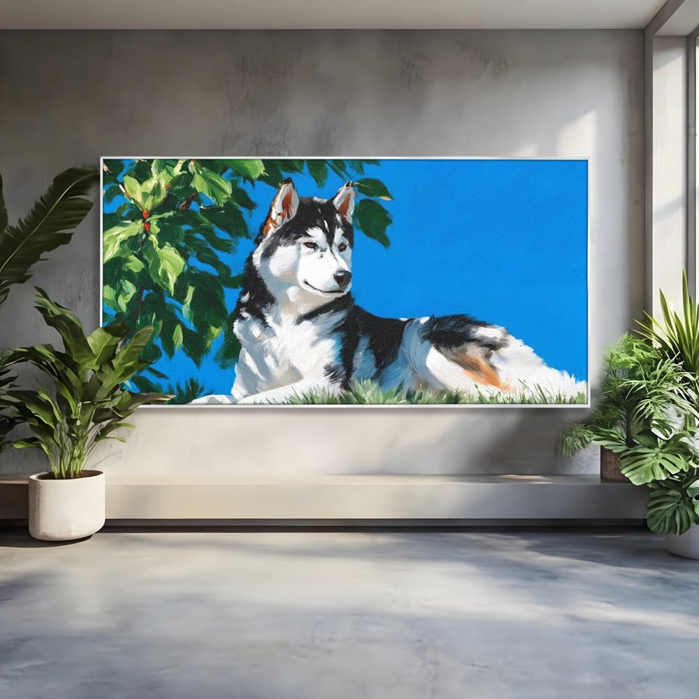Fotoleinwand Canvas Premium, LuxCanva® M1299, Unter der Sonne, Husky, Himmel, Klar, Blätter, Baum, Patruped, Ruhend, Frei, Blanos, Wachsam, Büro, Wohnen, Wohnzimmer, Babyzimmer