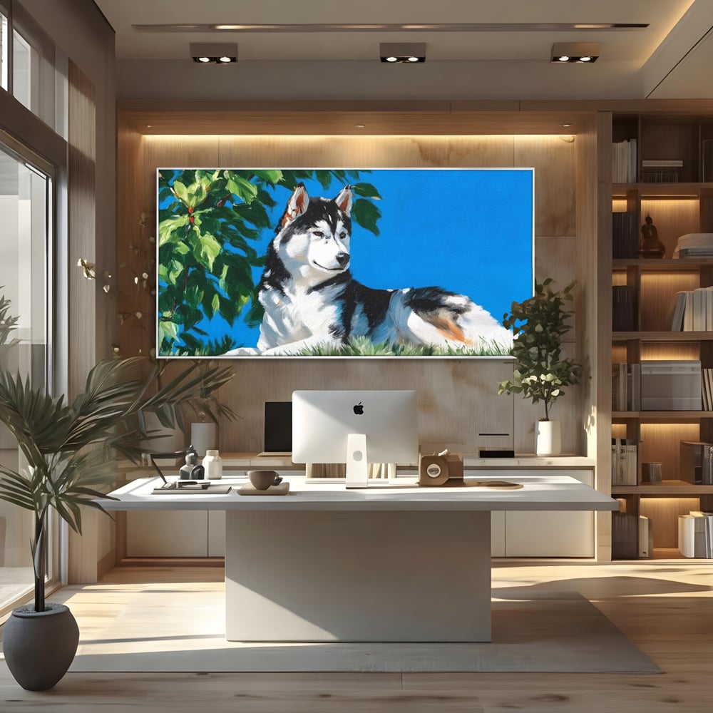 Fotoleinwand Canvas Premium, LuxCanva® M1299, Unter der Sonne, Husky, Himmel, Klar, Blätter, Baum, Patruped, Ruhend, Frei, Blanos, Wachsam, Büro, Wohnen, Wohnzimmer, Babyzimmer