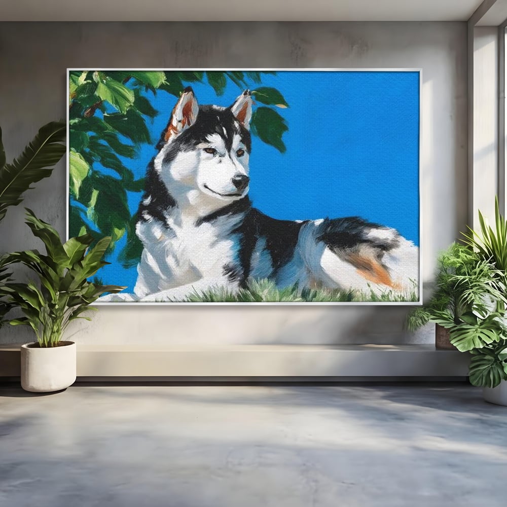 Fotoleinwand Canvas Premium, LuxCanva® M1299, Unter der Sonne, Husky, Himmel, Klar, Blätter, Baum, Patruped, Ruhend, Frei, Blanos, Wachsam, Büro, Wohnen, Wohnzimmer, Babyzimmer