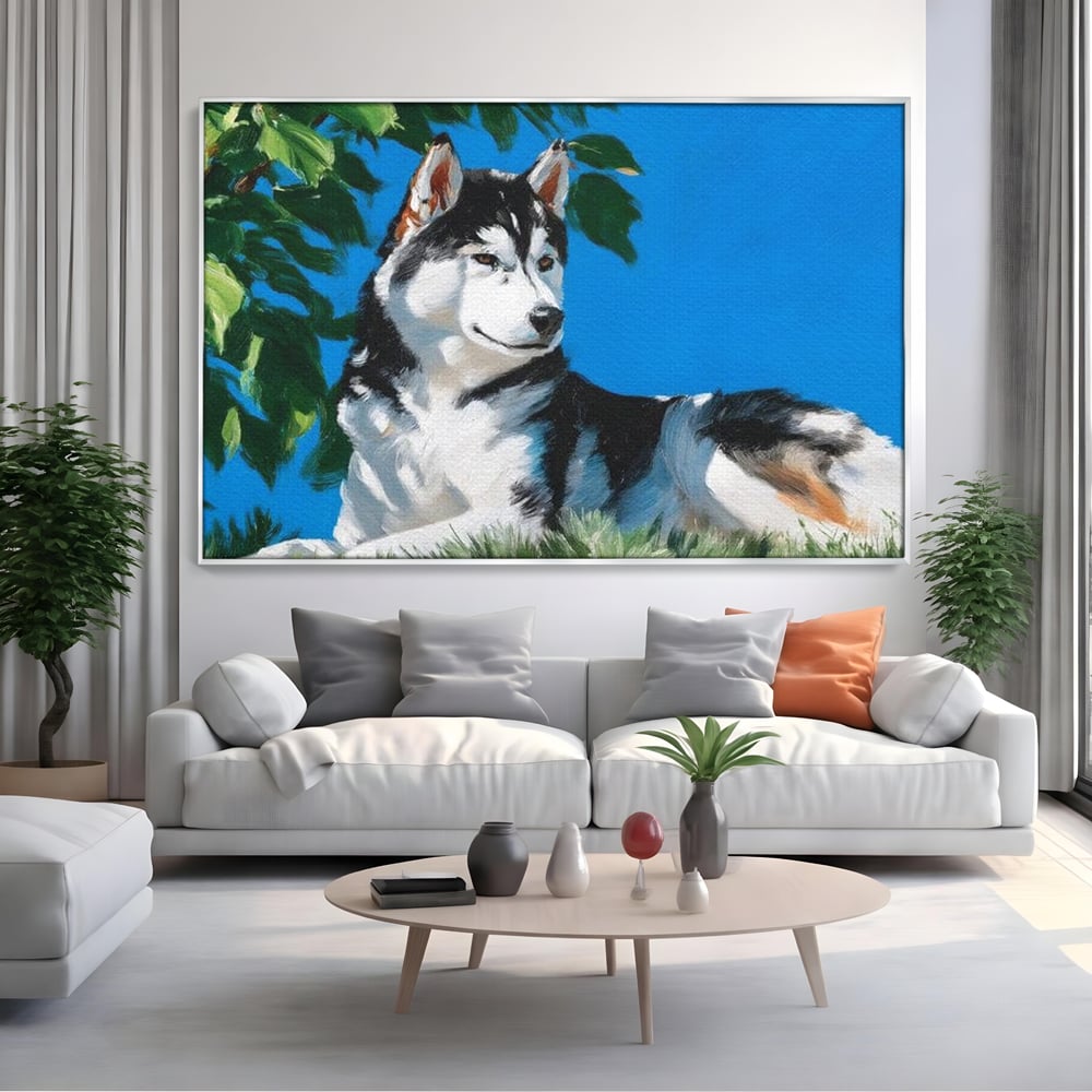 Fotoleinwand Canvas Premium, LuxCanva® M1299, Unter der Sonne, Husky, Himmel, Klar, Blätter, Baum, Patruped, Ruhend, Frei, Blanos, Wachsam, Büro, Wohnen, Wohnzimmer, Babyzimmer