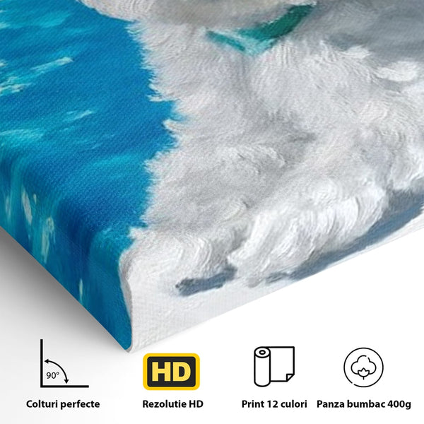 Tablou Canvas Premium, LuxCanva® M1300, Norisor Langa Apa, Bichon, Catel, Vara, Piscina, Soare, Azur, Pufos, Apa, Caldura, Adorabil, Vacanta, Birou, Living, Camera Copil